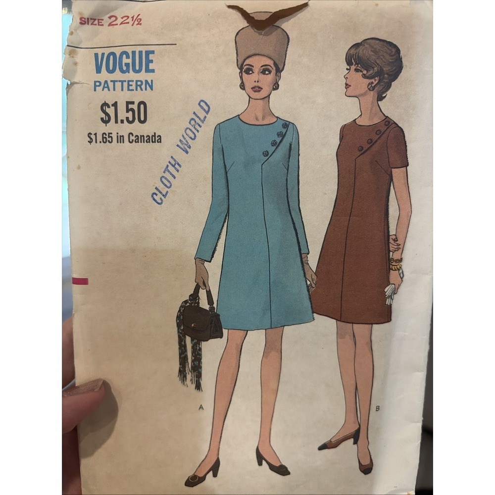 Vintage 1960s Vogue 7611 A-Line Dress Sewing Pattern Size 22.5 Cut Complete